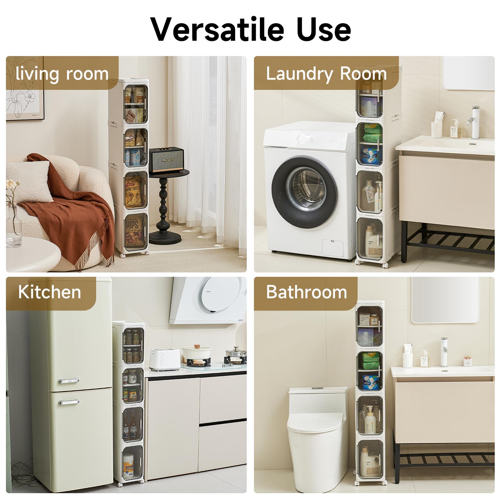 UFORU four-layer tall and narrow storage cabinet, made of plastic, with a slim design, doors and adjustable shelves, wheels, stackable and foldable, suitable for small spaces, bathrooms and kitchens.