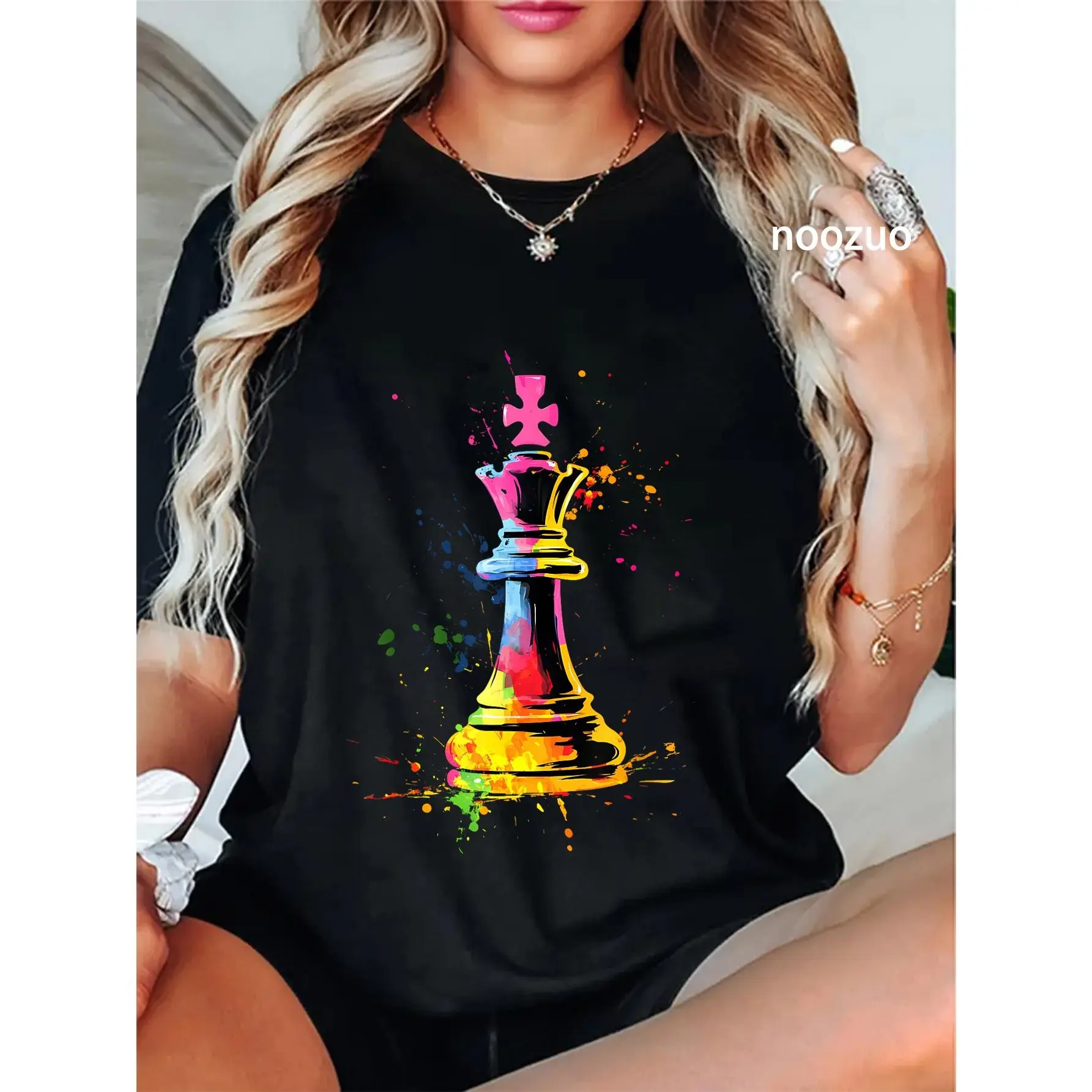 Chess Print T-Shirt for Women, Casual Round Neck 100% Cotton Streetwear Top, Funny Graphic Gift for Chess Players, Everyday, Whimsical, Casual Fit, Vintage, Short Sleeve, Chess Theme