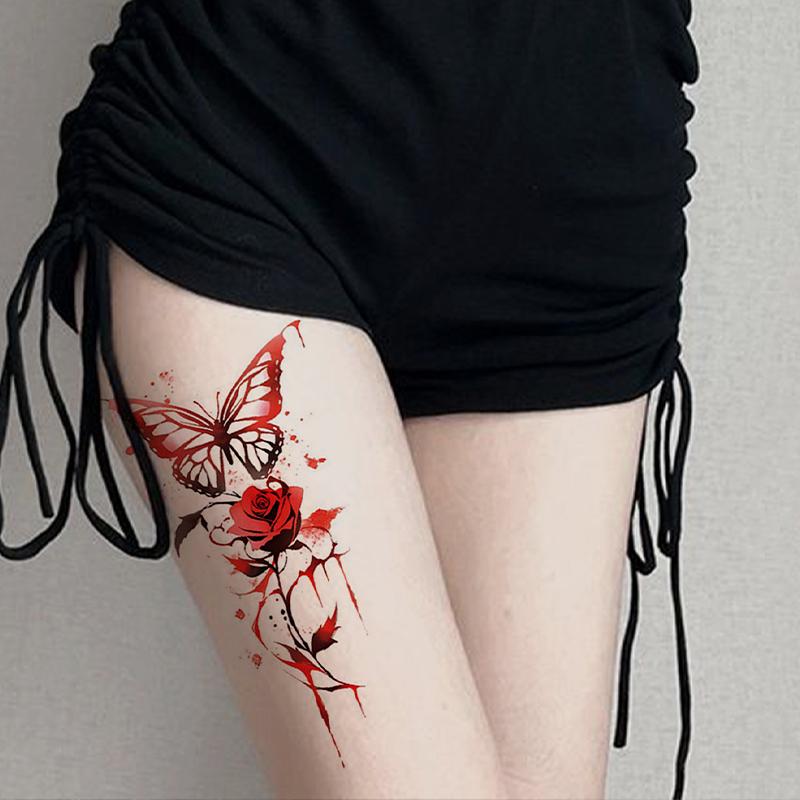 7pcs Red Temporary Rose Flower Arm & Leg Tattoo Stickers, Sexy Stripper Chest & Thigh Design, Waterproof, Perfect For Women