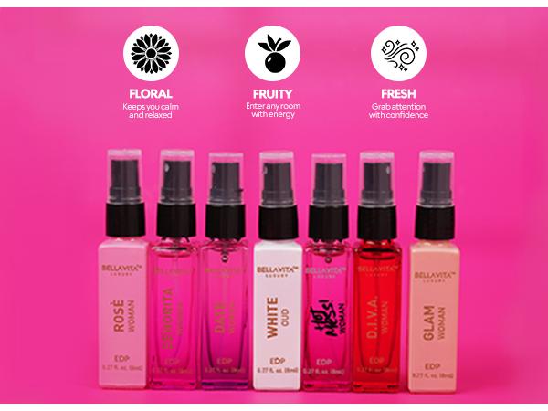 Bellavita Luxury Discovery Gift Set for Women | Valentine Perfume Mini Set | Multiple Fragrance Profiles | Date, Rose, Glam, Senorita, Hot Mess, Diva, & White Oud | Travel-Friendly Eau De Parfums | Vegan & Cruelty-Free