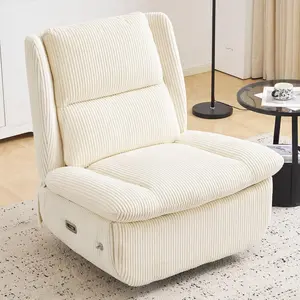 Oversized Power Recliner Chair for Adults 270°Swivel Rocker with USB Port Corduroy Beige Armless Design with Storage & Phone Holder