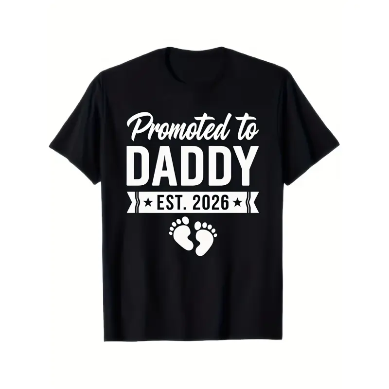 Men'S Promoted to Daddy EST 2026 Baby Feet Graphic T-Shirt| 100% New Dad Announcement Gift, Funny Pregnancy Reveal Shirt with Footprints & 2026 Due Date, Casual Crewneck Short Sleeve Tee, Pure, All-season Wear Oversized Basic Comfy Menswear Tshirt