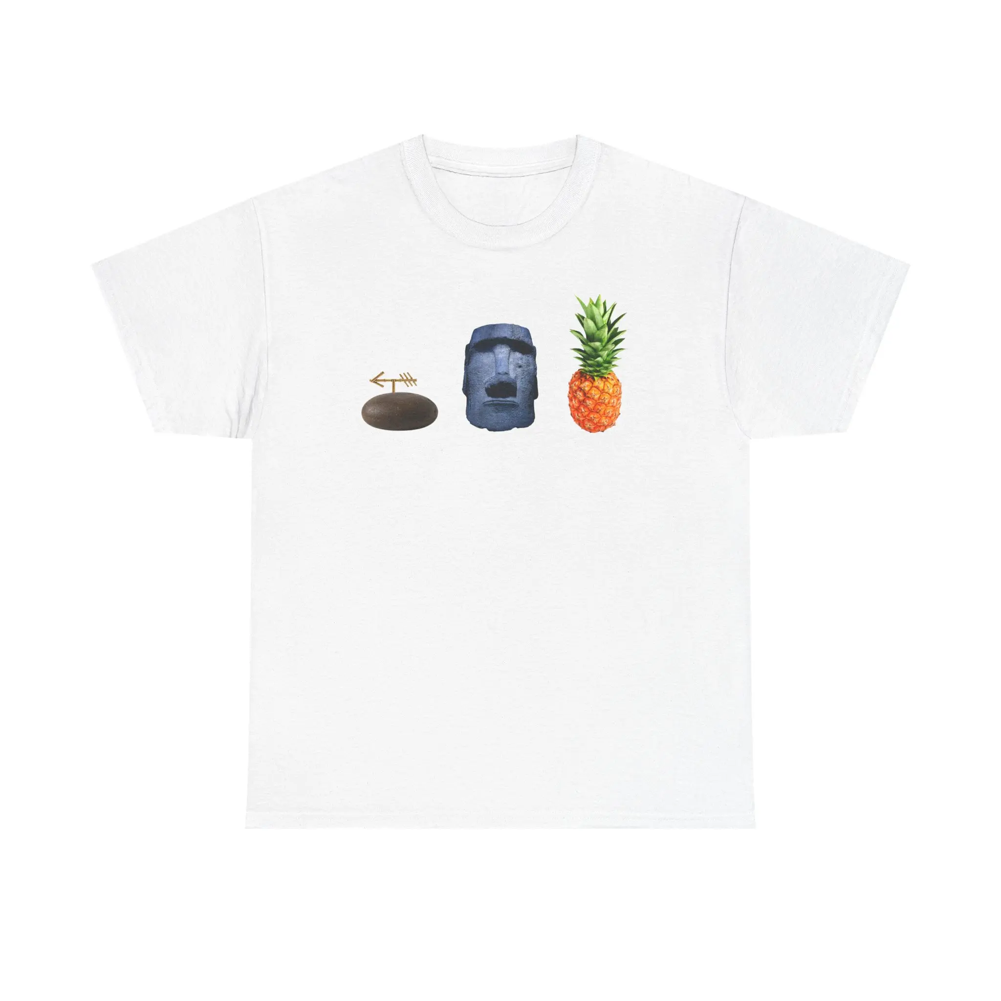 Rock, Moai Head, and Pineapple T-Shirt, Tshirt, Cotton, Bright Pineapple, Oeko-Tex Certified, Graphic, Carved Stone Head, Pebble With Umbrella, Prints, Shortsleeve, Tops, Tee, Casual, Tropical, Fabric