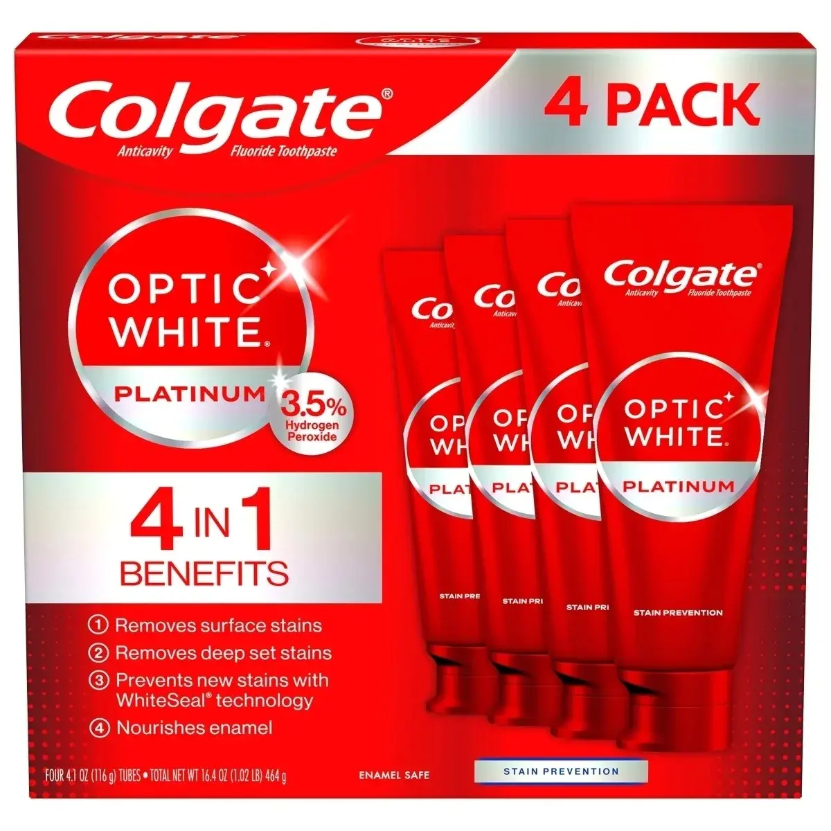 Colgate Optic White Platinum Whitening Toothpaste with 3.5% Hydrogen Peroxide for Stain Removal and Enamel Nourishment, Oral Care, 4 Pack (4.1 oz Each), Bright Smile, Dental Toothpastes