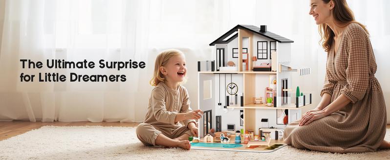 BIERUM Large Modern Wooden Dollhouse with 49Pcs Furniture, Dolls & Pets，DIY Puzzle Pool & Yard, Ideal Gift for Boys & Girls 3+