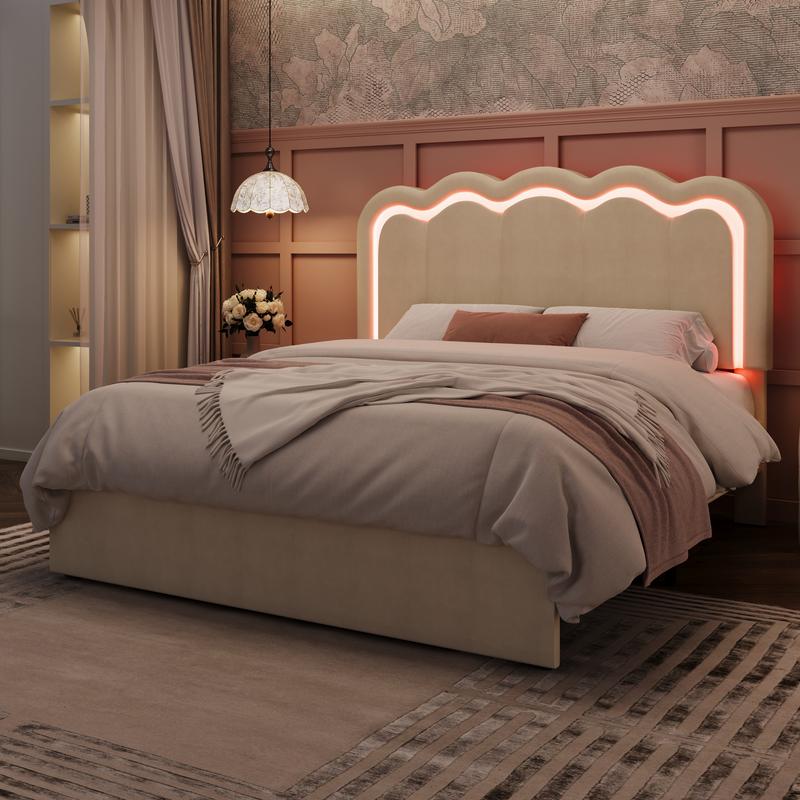 MUTIOCR Velvet Upholstered Bed Frame with Smart LED Lights Large Storage Drawer Adjustable Wavy Headboard No Box Spring Needed Twin Full Queen Sizes White Black Cream Pink