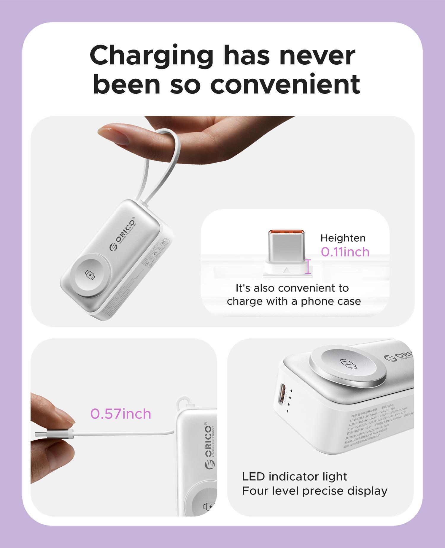 Orico 3-in-1 Portable Power Bank with Integrated Cable, Watch Wireless Charging, and Foldable Wall Plug – Compact Fast-Charge Battery for iPhone & Android - S18