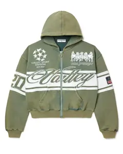 Valley Forest Cursive Zip-Up Hoodie (Old Green), Retro Pattern Full Print Unisex Fashion Outerwear for Men Women