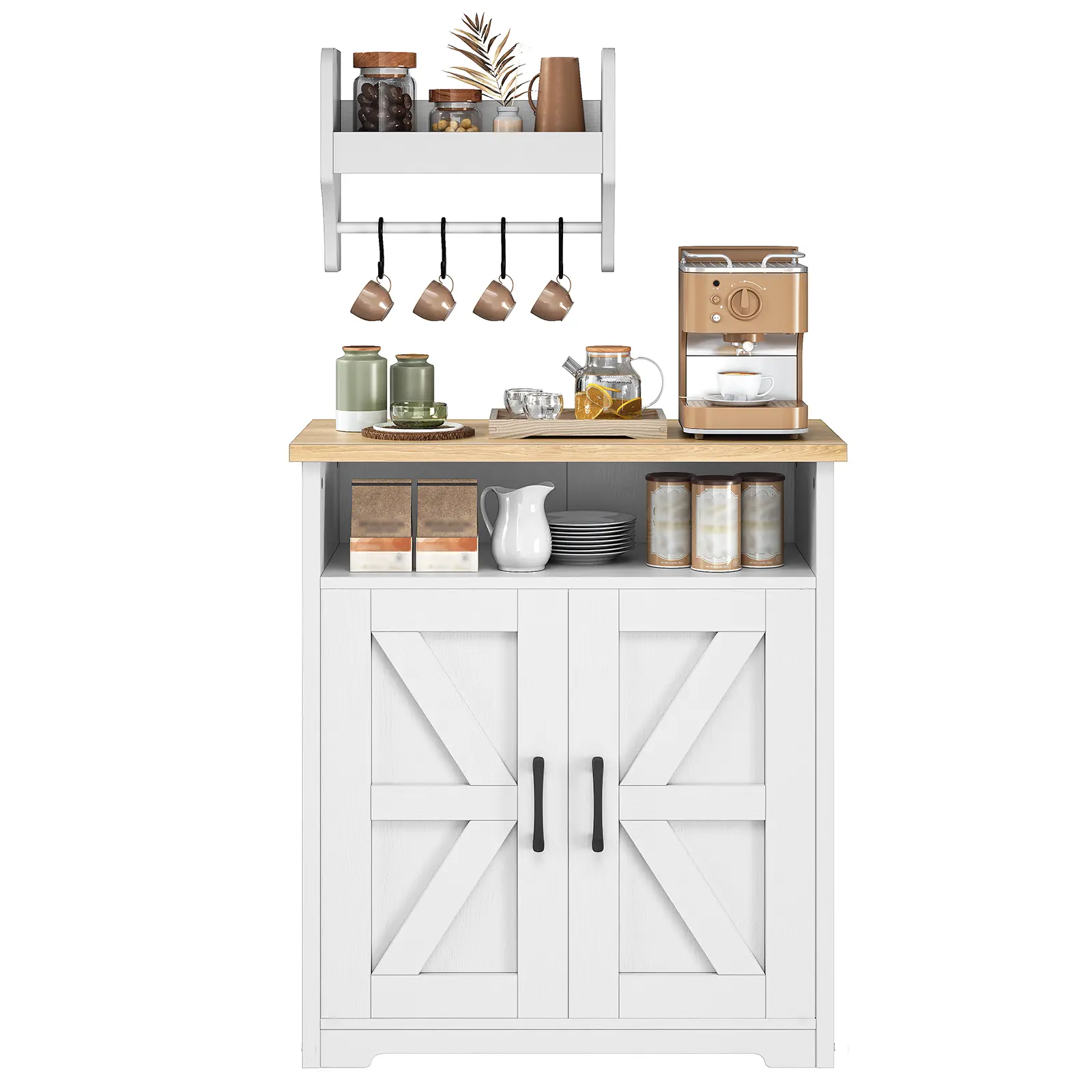 YATINEY Coffee Bar Cabinet - Farmhouse Kitchen Island with Furniture Storage, Dual-Purpose Floating Shelf, Hooks, White & Natural, for Kitchen, Living Room