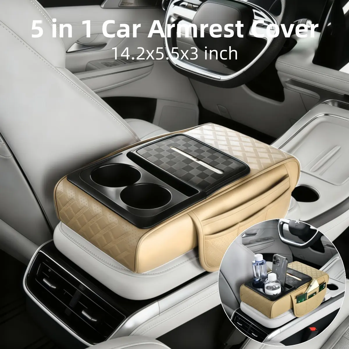 5 in 1 Car Center Console Armrest Cover, 14.2x5.5x3 inch Leather Memory Foam Auto Armrest Box Cover Pillow Cushion, with Cup Holder & Phone Holder & Tissue Box, Car Accessories Universal for 99% Cars SUVs Trucks Pickup