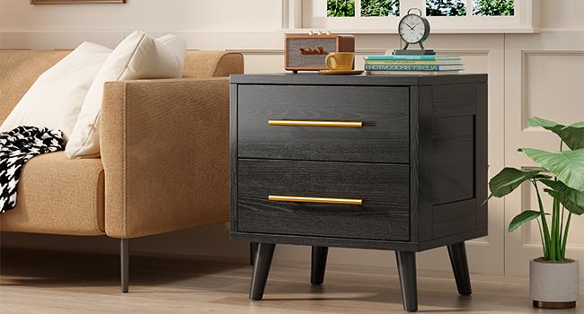 Gizoon Nightstand, Bedside Table with Metal Handles, Modern Wood Night Stand 2 Drawer Dresser for Bedroom, Black Furniture