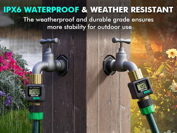 The RESTMO water flow meter measures water consumption (gallons/liter) and flow rate for RV water tank monitoring, lawn sprinklers, and nozzle sprinklers. It features brass inlet and outlet and measures water usage for outdoor garden hose watering.