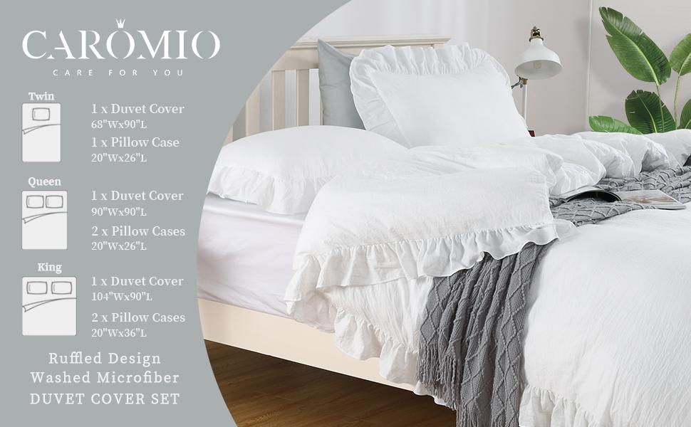 【GARVEE】White Ruffle Duvet Cover Queen Size, 3PCS Soft Washed Microfiber Vintage French Country Duvet Cover Set for Queen Bed, White, 90x90 in