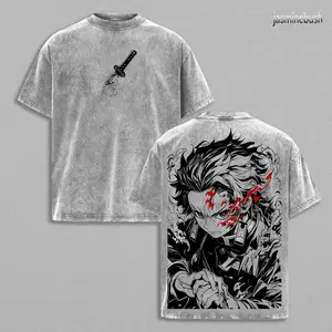 Tanjiro Tee - Demon Slayer Kimetsu no Yaiba T-Shirt Acid Wash Vintage Oversize Unisex Heavy Cotton Menswear Top Anime Manga Graphic Tee Washed Double Printed Retro Streetwear, Tanjiro Kamado Movie