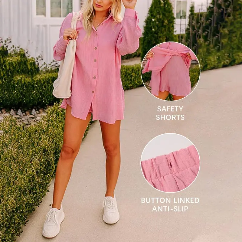 Womens Gauze Shirt & Shorts Set 2-in-1 Button Connected Oversized Long Sleeve Button-Down Top with Attachable Safety Shorts Casual Beach Cover Up Outfit Women's