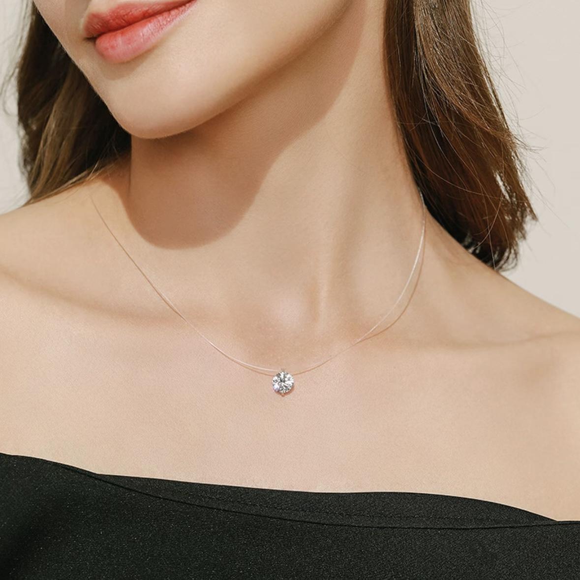 1-2ct Solitaire Two Prong Fishing Line Pendant Choker Necklace Clear Chain D Color Synthetic Moissanite S925 Bling Necklace Chain Birthday Anniversary Wedding Gift