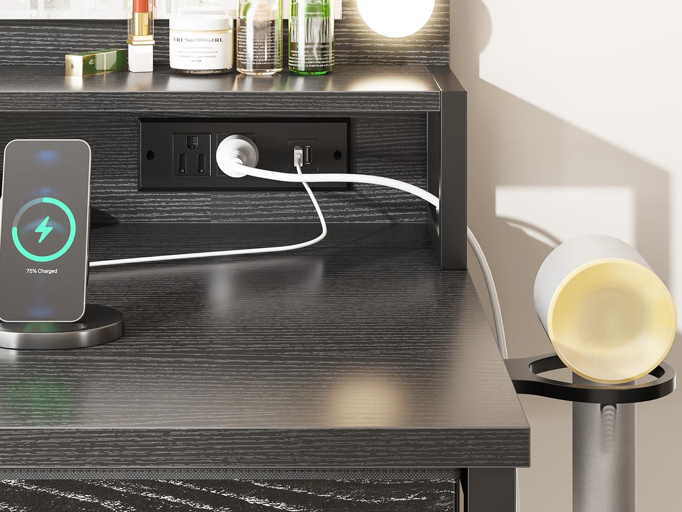 Hollywood Vanity with Mirror and Lights, Makeup Vanity Desk with 5 Fabric Drawers & Power Outlet, 3 Lighting Modes Adjustable Brightness, Bedroom Dressing Table