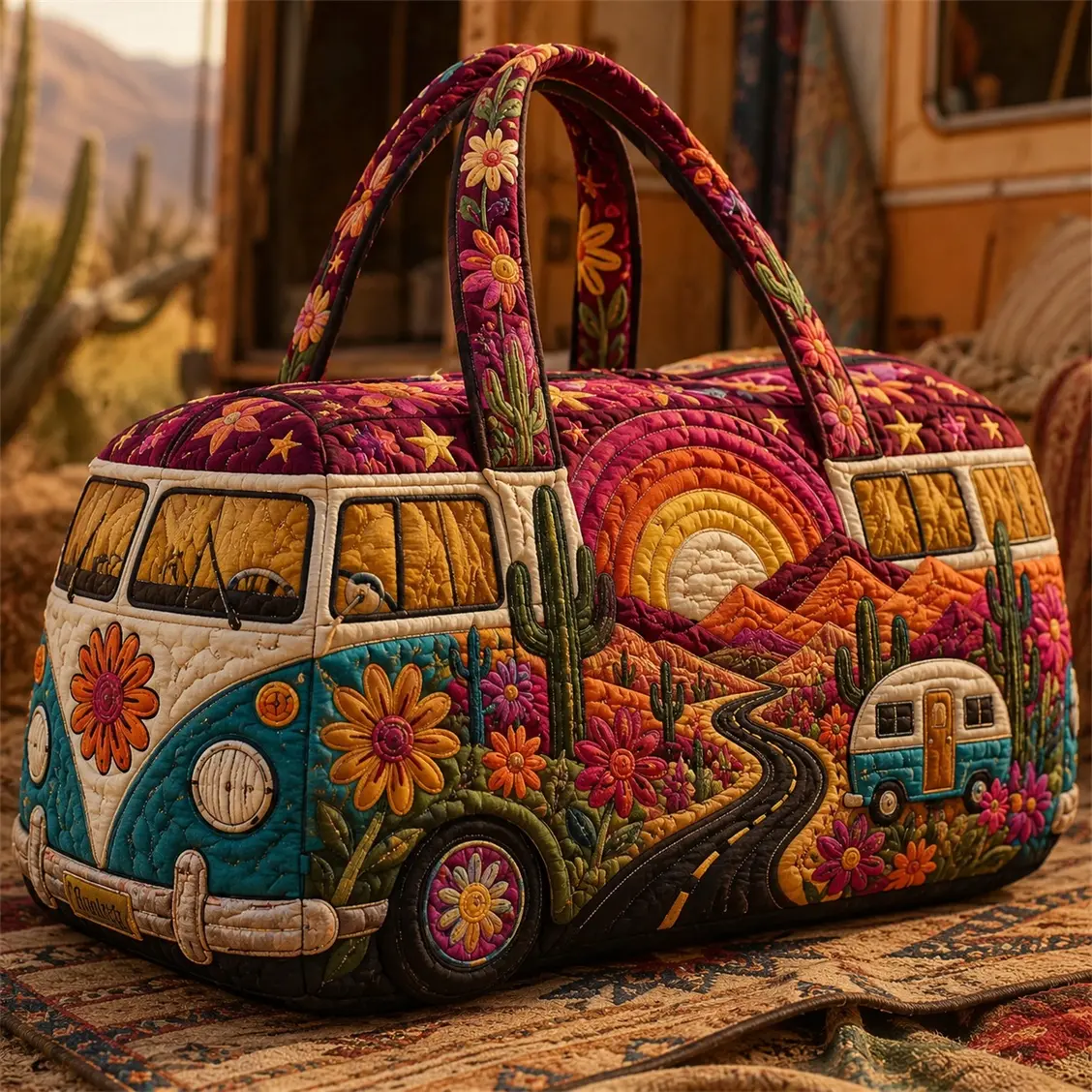 Retro Hippie Van Quilted Duffel Bag for Women, Desert Road Trip Weekender Travel Bag, Large Capacity Overnight Carry On Tote, Boho Floral Camping Gym Bag for Vacation, Travel & Weekend Getaways