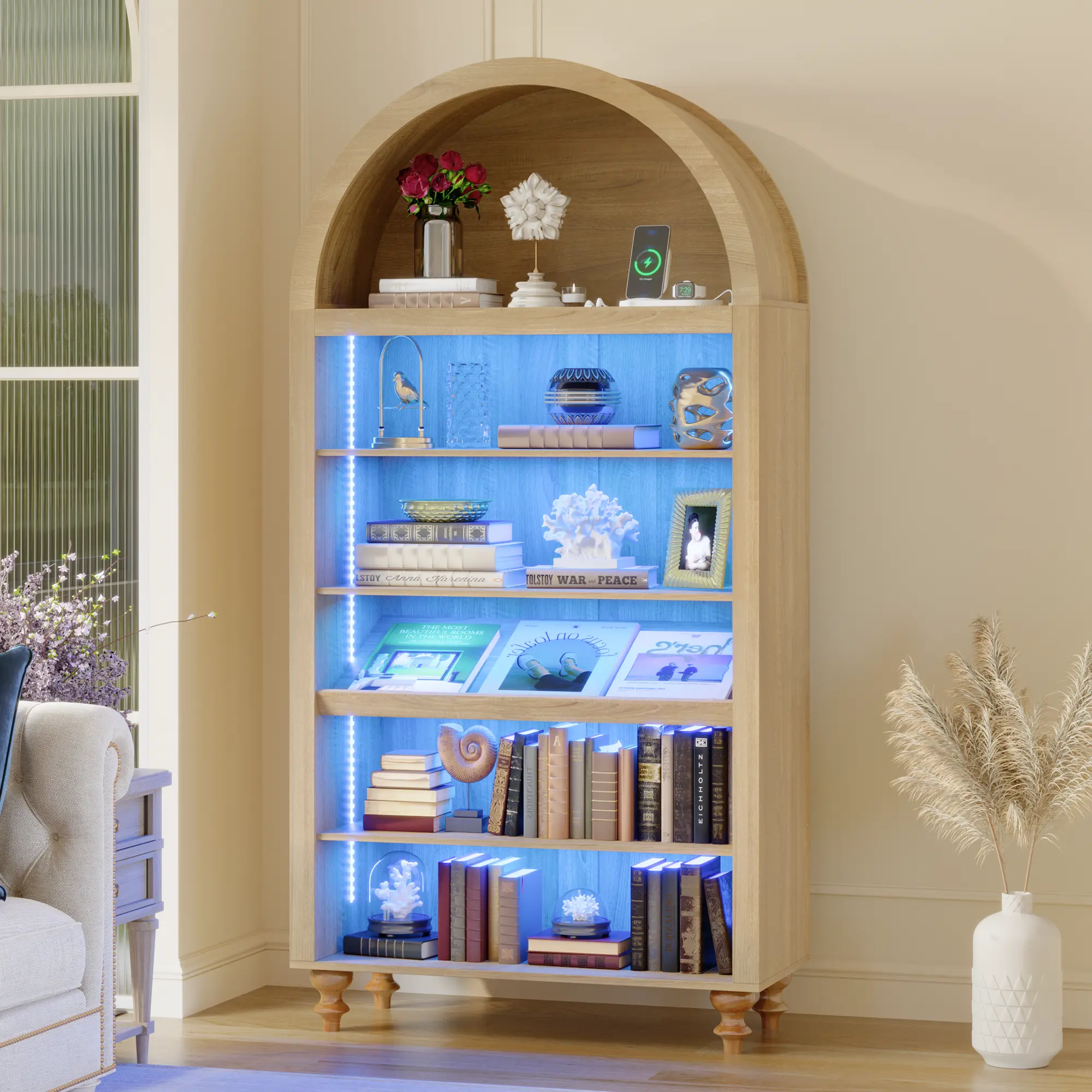 Casvik Arched Freestanding Wood Cupboard - 71" Tall Modern 6-Tier Engineered Wood Bookshelf with LED Lights, Sturdy Farmhouse Adjustable Shelves, Motion Sensor Activated Lighting, Furniture for Apartment Living Room, Home Office, Black/Oak