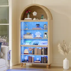LED Arched Cabinet, Modern Arched Bookcase with Lights, 6-Tier Tall Bookshelf with Storage and Adjustable Shelves, Wood Display Cabinet for Living Room, Kitchen Pantry, 71" H x 35.4" W