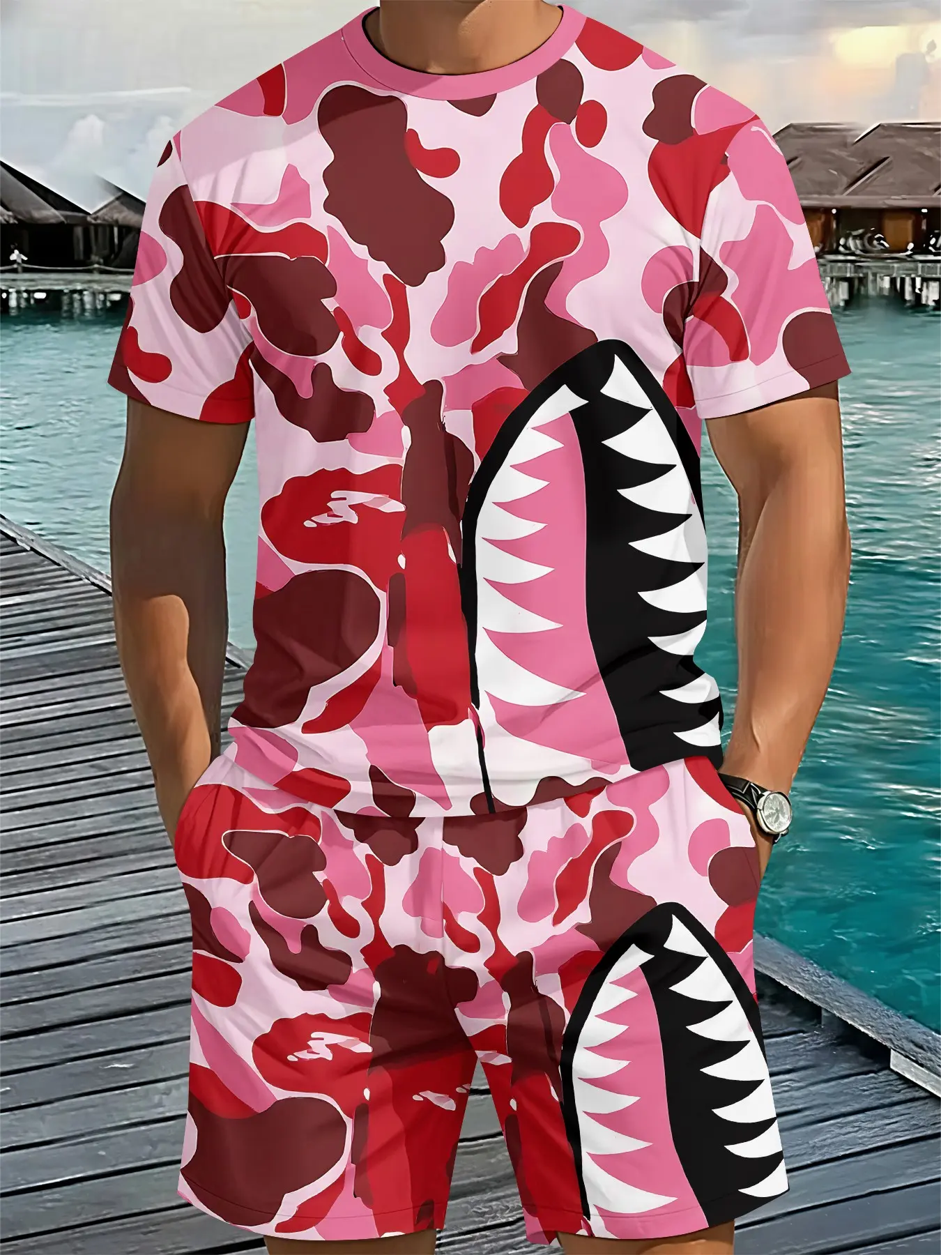 Men's 3D Digital Printed Fitted Round Neck Two-Piece Matching Set with Pink Camouflage Shark Mouth Design, 2Pcs, Retro, Vintage Casual, Vacation Style Outfit, Breathable Sporty Casual Style, a Perfect Holiday Gift for Men