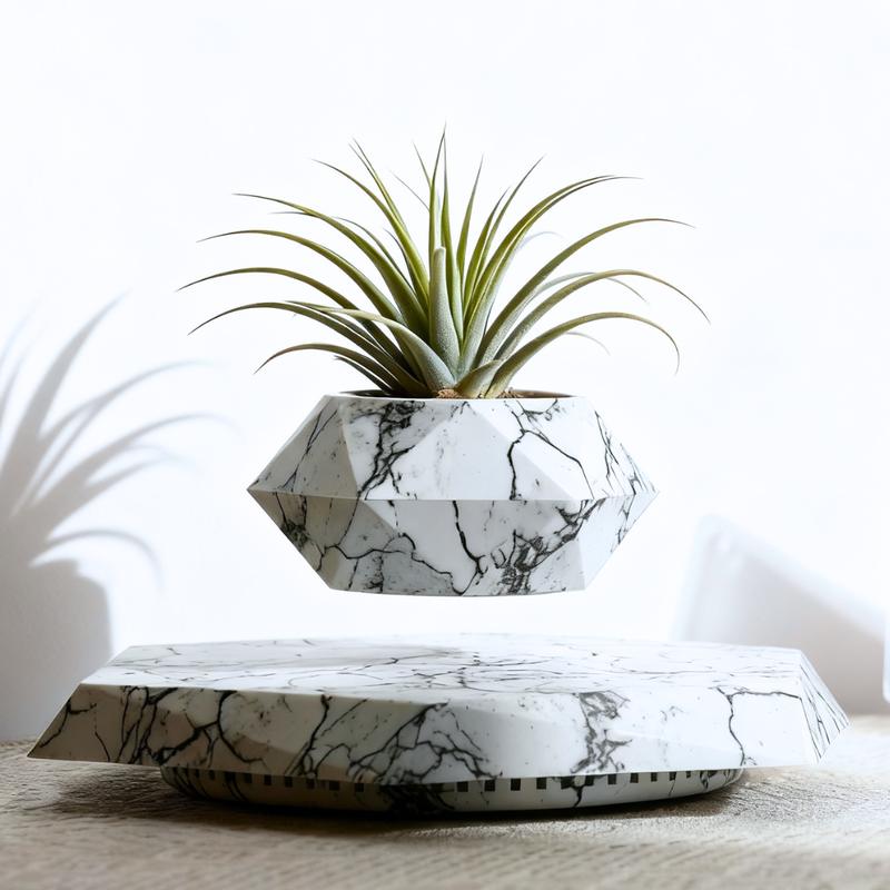 MAGECMOON Magnetic Levitation Plant Pot - Black Wood Grain White Marble Pot with Unique Levitation Effect for Air Plants & Bonsai - Home & Garden Decor - Perfect Valentine's Day Gift for Plant Lovers