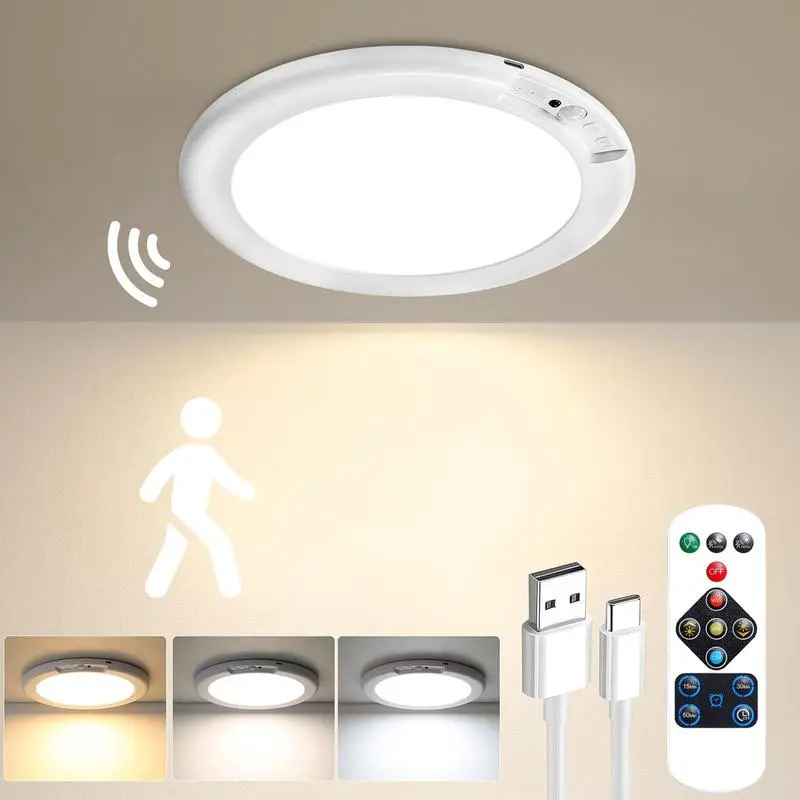 Rechargeable Motion Sensor LED Lamp - Ceiling Mounted, Magnetic, Wireless, Remote Control, 3 Color Temperatures Dimmable, Auto On/Off, Removable Lighting for Indoor Use to Light Up Your Space, Removable Led Ceiling Lighting