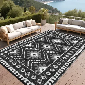 Bohemian Style Outdoor Rug Double-Sided Reversible Plastic Grass Rug with Bohemian Leaf Pattern - Foldable Garden Decorative Rug for Backyard Balcony Beach Picnic Camping RV