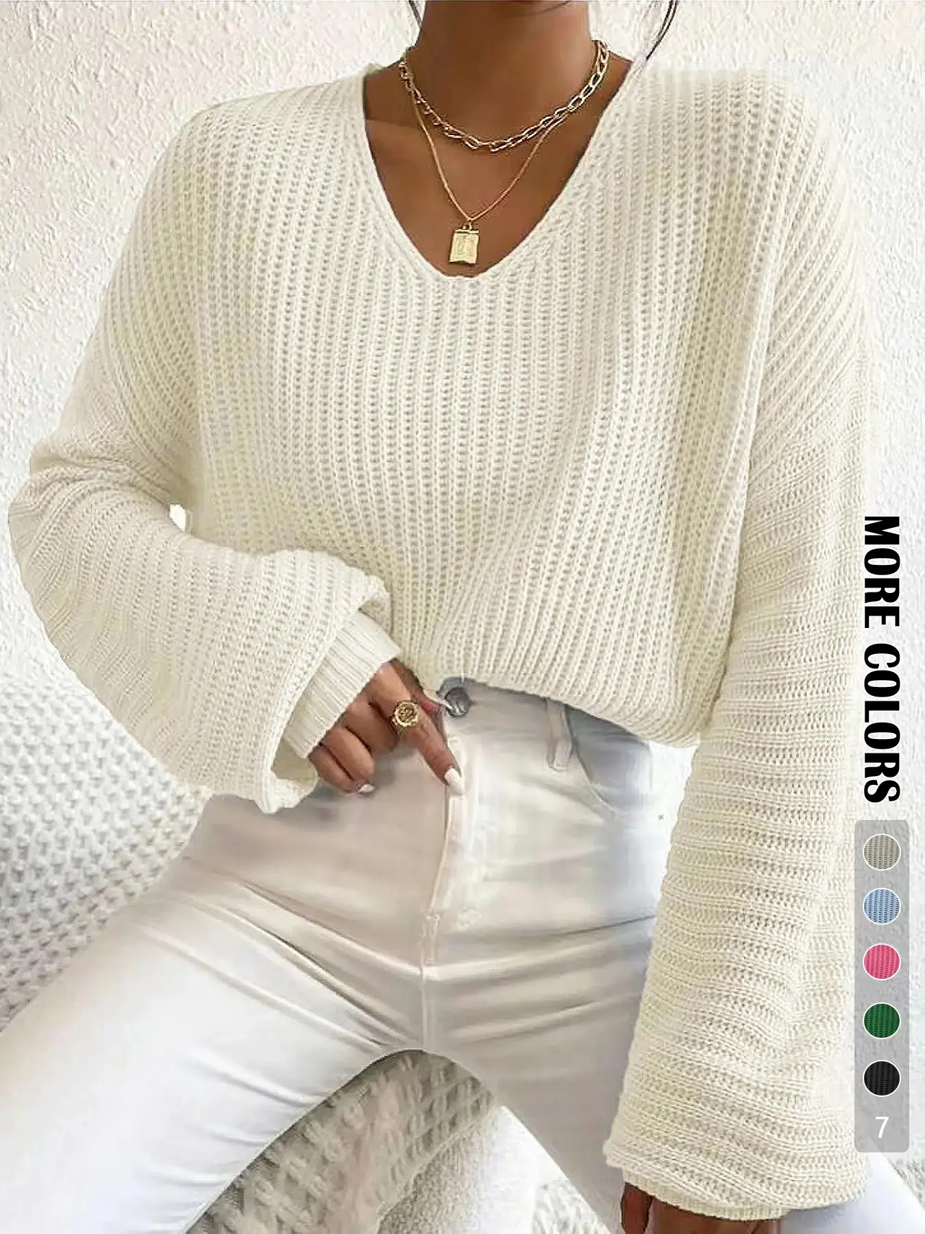 Women's Soft Solid Hollow Out Drop Shoulder Loose Baggy Sweater, Casual Minimalist Long Sleeve V Neck Jumper for Daily Outdoor Wear, Women Knit Top for Fall & Winter, Knitwear, Womenswear, Knitting