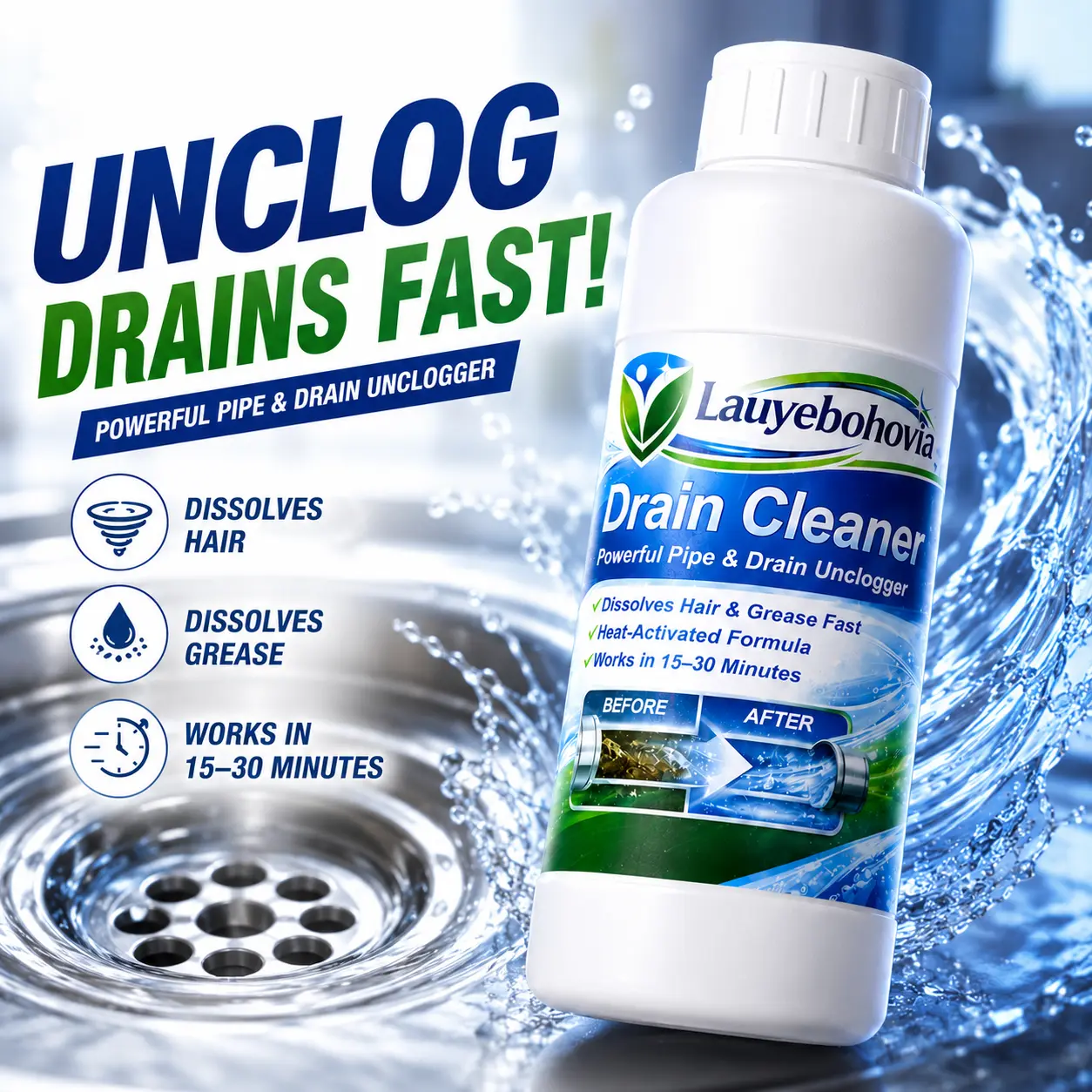 Lauyebohovia Heavy Duty Drain Cleaner & Clog Remover (17.6oz) - Fast-Acting Hair & Grease Dissolver for Shower, Bathtub & Kitchen Sink