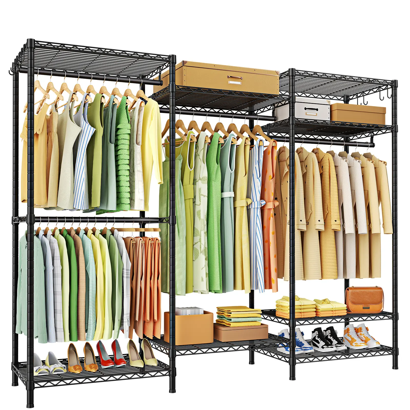 Ulif E13 Heavy Duty Metal Floor Stand Coat Rack - 8 Shelf Storage, 4 Hanger Rods, Adjustable Closet Organizer (63" W x16" D x77" H, 900LBS Max Load, Black) Freestanding/Hanging/Standalone Coat Racks, Floor Stand Coat Racks, Hanging Coat Racks
