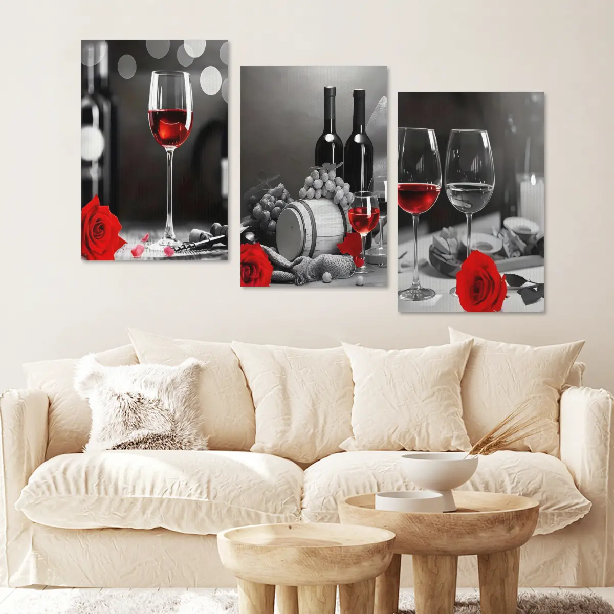 3-Piece Classic Retro Wine and Rose Framed Wall Art Set - High-Definition Printing, Rectangular Wooden Frame, Artistic Artwork for Walls, Geometric Home Decor Gift for Living Room