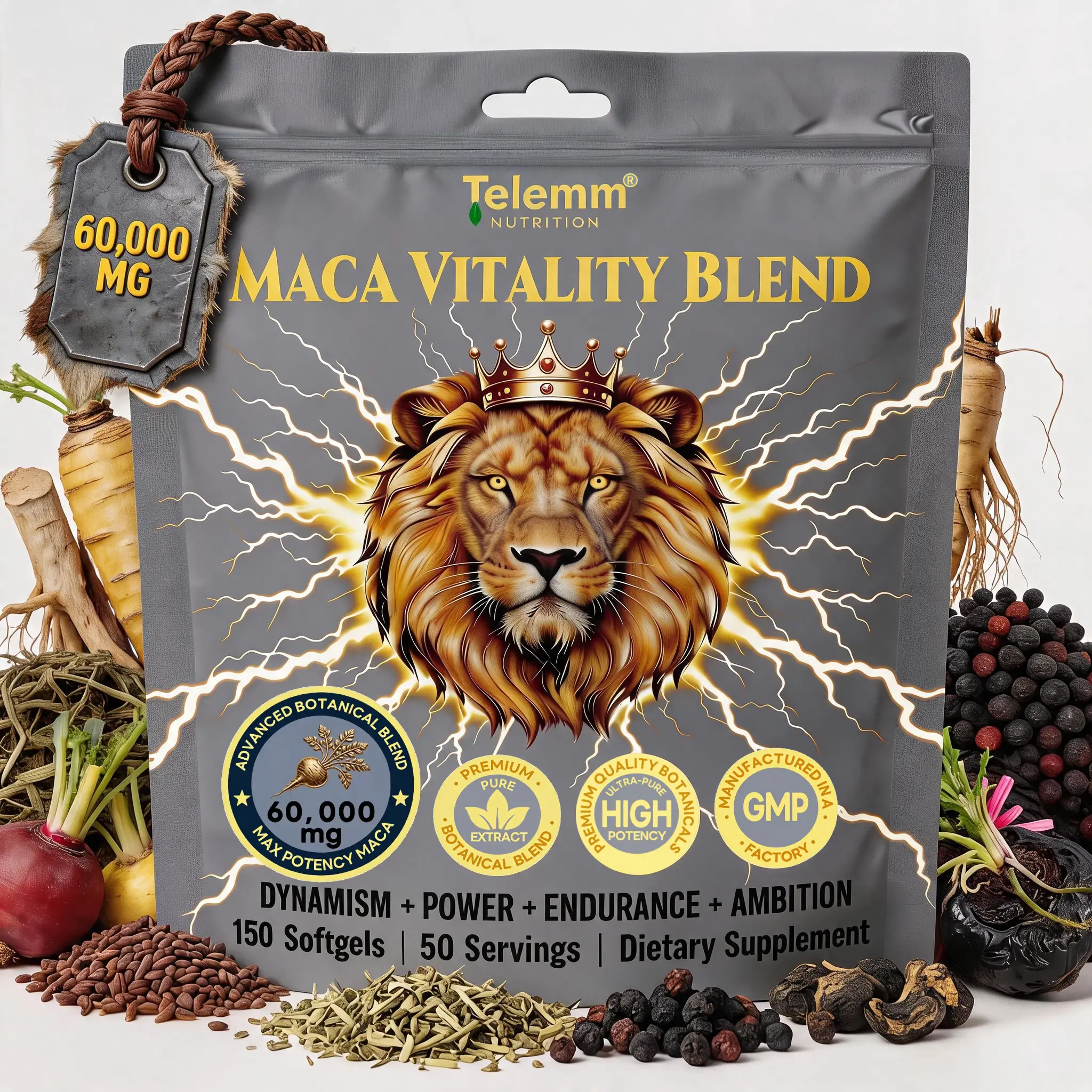 Telemm  Pure Root Maca Softgels,60000mg Natural Herbal Root Nutrition Blend,Non-Stimulant Daily Botanical Supplement for Adult Wellness,150 Softgels 50-Day Supply,Clean Hypoallergenic GMP Certified Formula