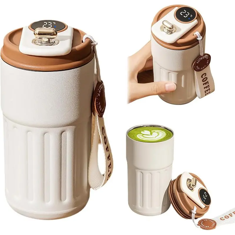 DealsforYouDays Stainless Steel Smart Temperature Display Tumbler Mug Vacuum Flask - Double Wall Portable Coffee Thermal Cup, Travel Mug with Strap, Gym Drinkware, Valentine's Day Gift