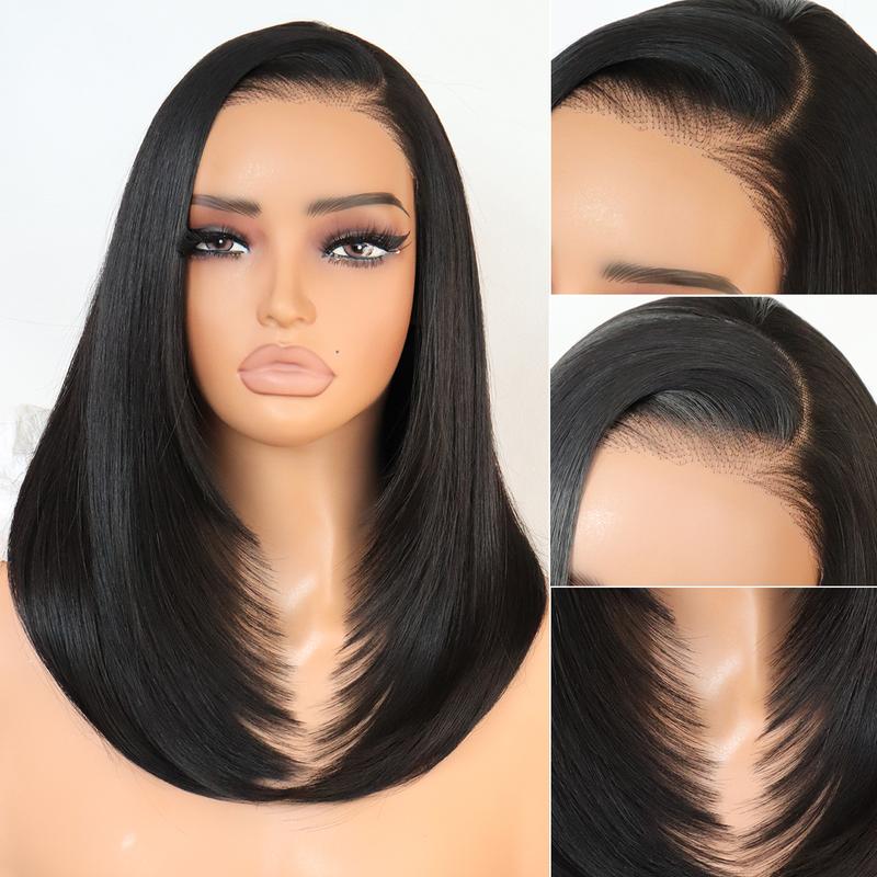 U&A Hair Synthetic 9x7 Glueless C-Part Layered Short Wig 14 Inch，Wear and Go Lace Front Straight Wig Pre Plucked Pre Cut Natural Hairline with Tiny Knots