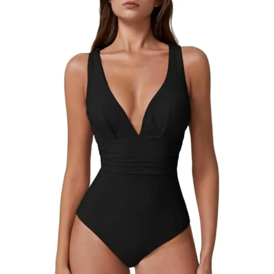 QINSEN Womens  V Neck One Piece Bathing Suit Cross Back Swimsuit High Waist