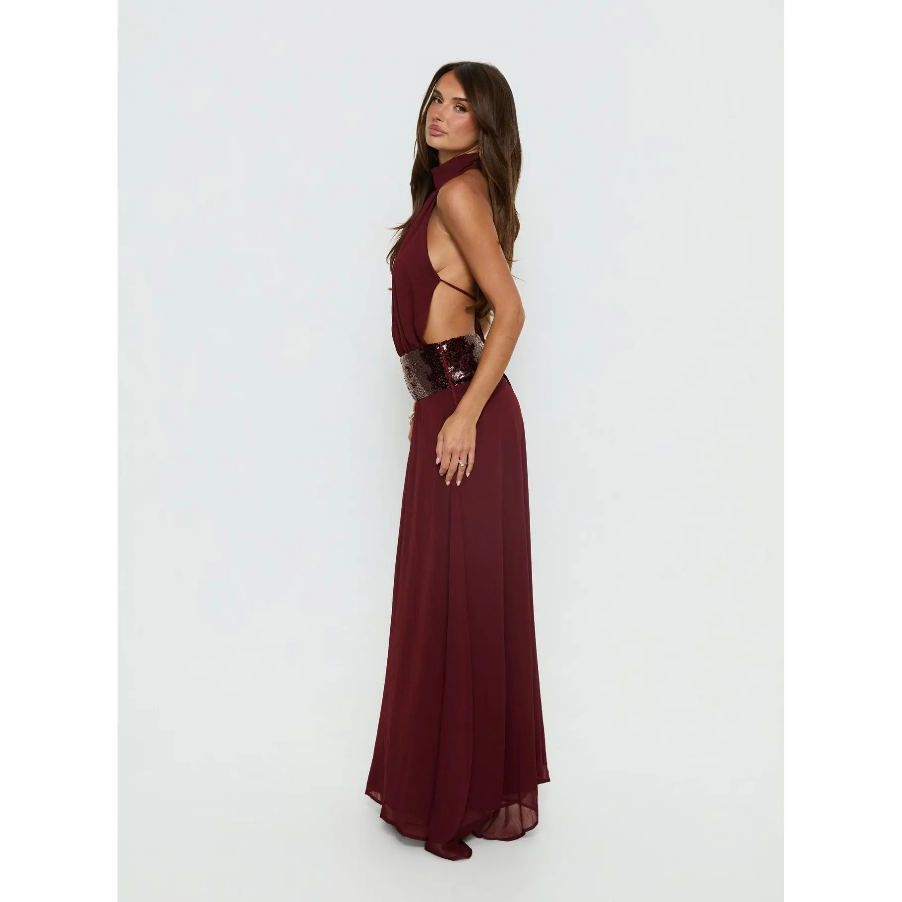 Darwinn Drop Waist Sequin Detail Maxi Dress Burgundy - TikTok Shop