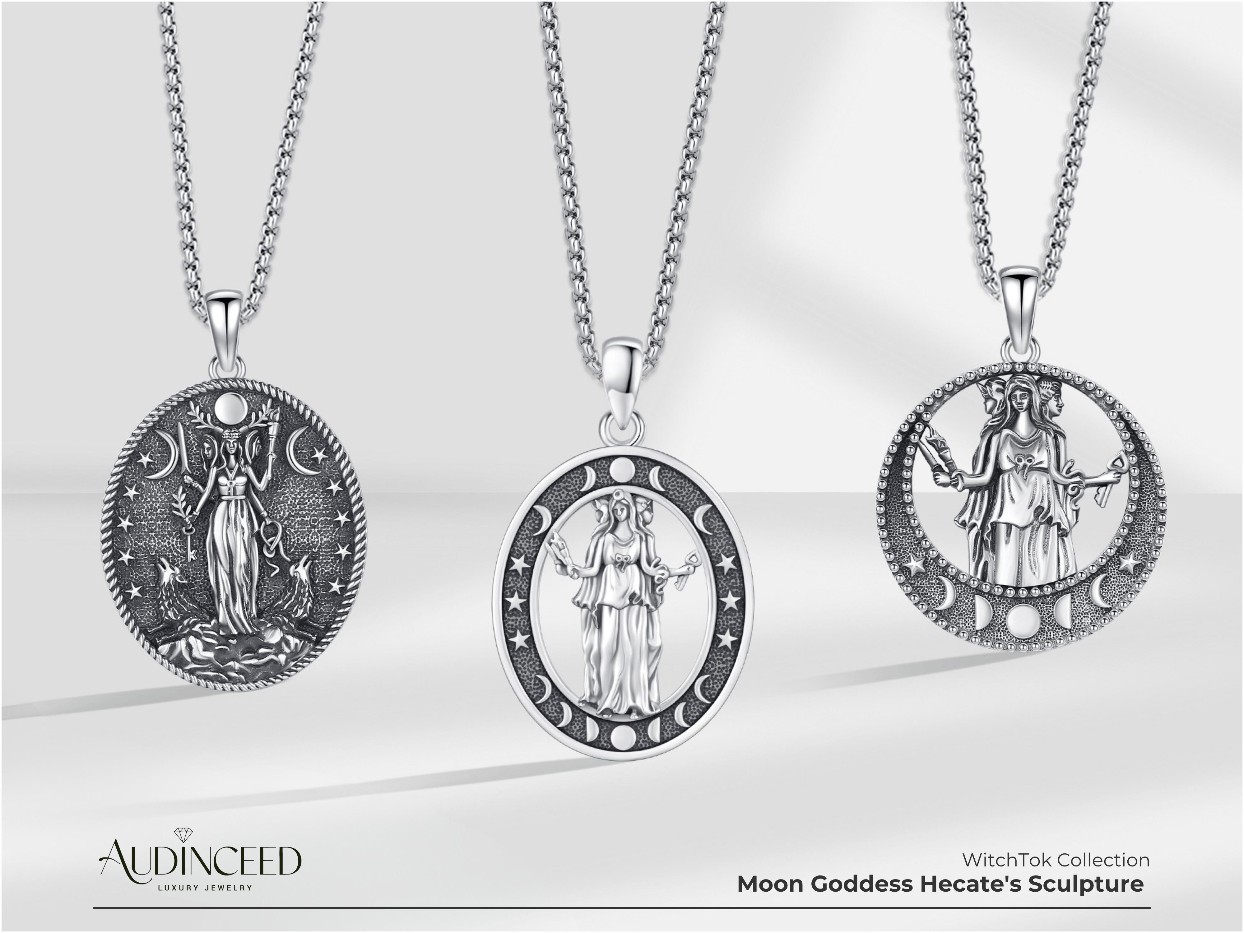 Audinceed Hecate S925 Sterling Silver Necklace, Witchtok Collection Hecate Hekate Luxury Triple Moon Goddess Pagan Wiccan Magic Silver Necklace Pendant Blessed Amulet Jewelry Gift for Women Men