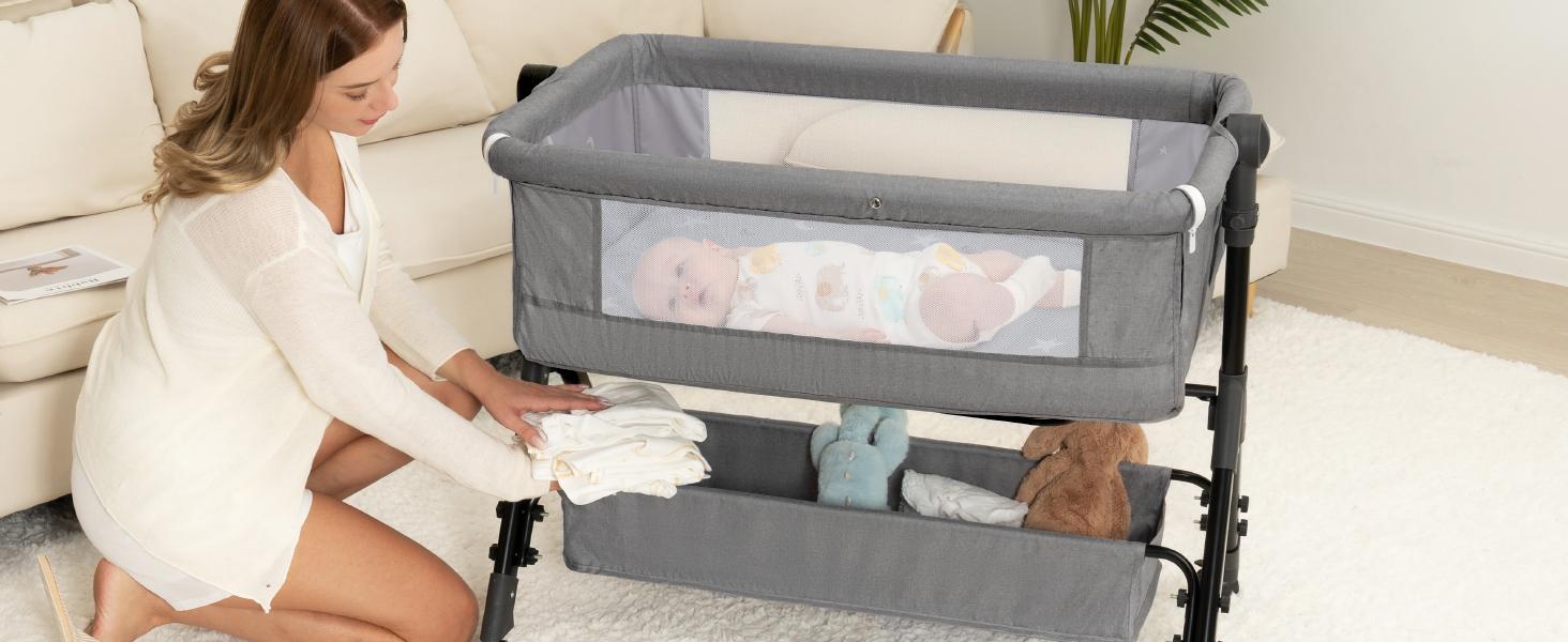 Baby Bassinet Sleeper, 6 Height Adjustable Cribs, Easy to Fold Portable Crib Side Bassinet, Swing Cradle Bed Side Sleeper with Ventilated Net&Wheels Folding Cot Layer Floorbed