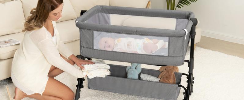 Baby Bassinet Sleeper, 6 Height Adjustable Cribs, Easy to Fold Portable Crib Side Bassinet, Swing Cradle Bed Side Sleeper with Ventilated Net&Wheels Folding Cot Layer Floorbed