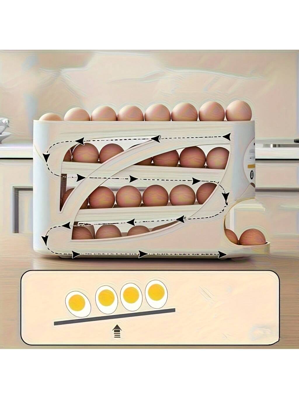 4-layer Rolling Egg Rack with Side Door Design for 30 Eggs Smooth Shiny Surface Convenient Handle Modern Kitchen Accessories Durable Plastic Material