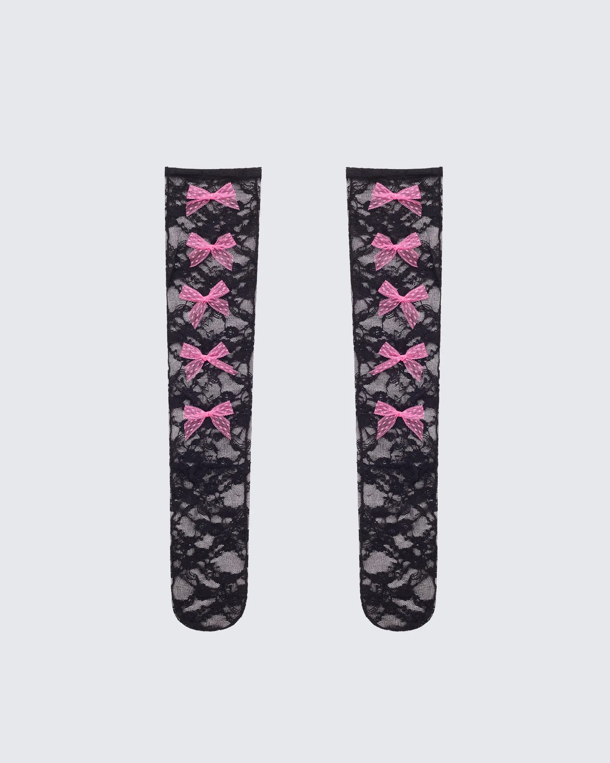FINESSE Women's Statement Lace Knee High Socks with Vertical Pink Satin Bows, Black Hosiery for Outfits, Sheer, Nylon, Floral