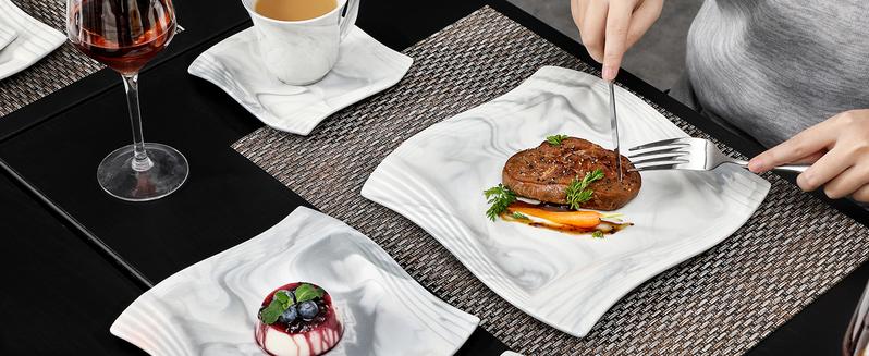 MALACASA Porcelain Dinnerware Sets 30 Pcs with Square Dish Set, Dinner Plates, Dessert Plates, Soup Bowls, Cups & Saucers, Series Amparo Cutlery Tableware Winter Holiday