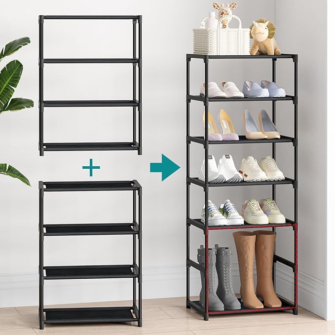 4 Tier Small Shoe Rack, Narrow Stackable Kids Toddler Adult Shoe Storage Organizer Shelf for Closet Floor Entryway Bedroom, Space Saver Shoe Rack Organization Shelves
