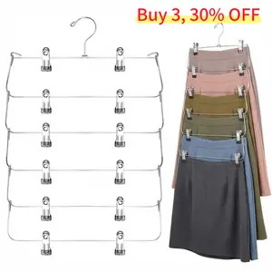 3 Pack  Space-Saving Metal Pants Hangers 6 Tier with Clips Holds 18 Skirts Pants Jeans Shorts Closet Organizers Storage Swivel