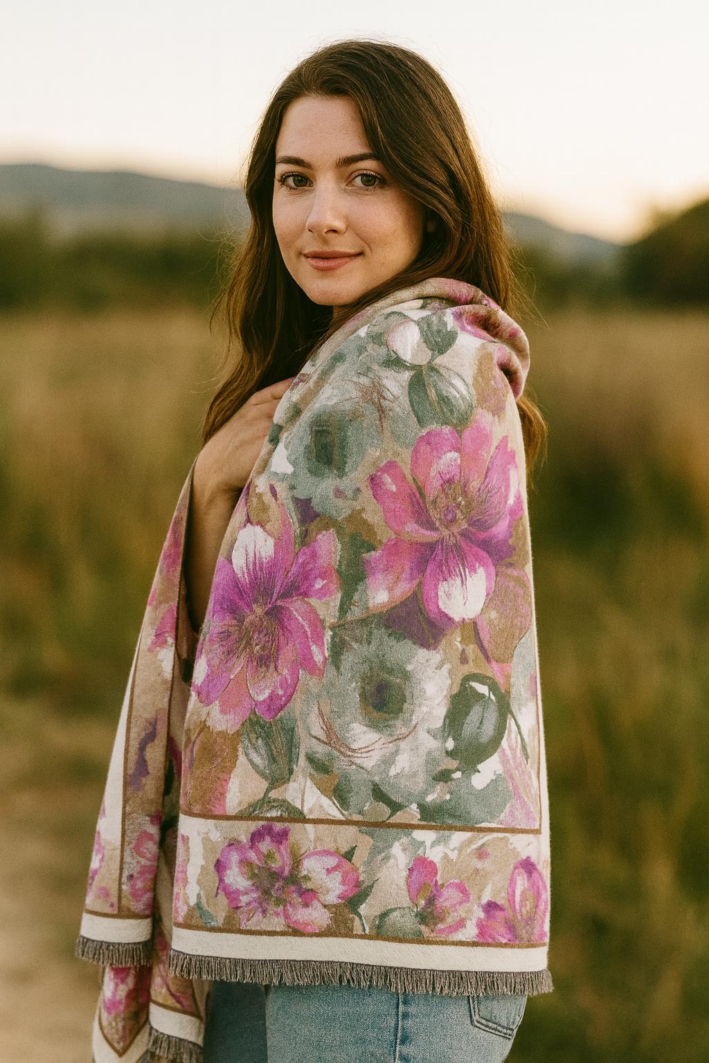 Women's Premier Quality Floral Cascade Scarf Shawl - Elegant Ombre Flower Design with Fringed Edges Cashmere Pashmina