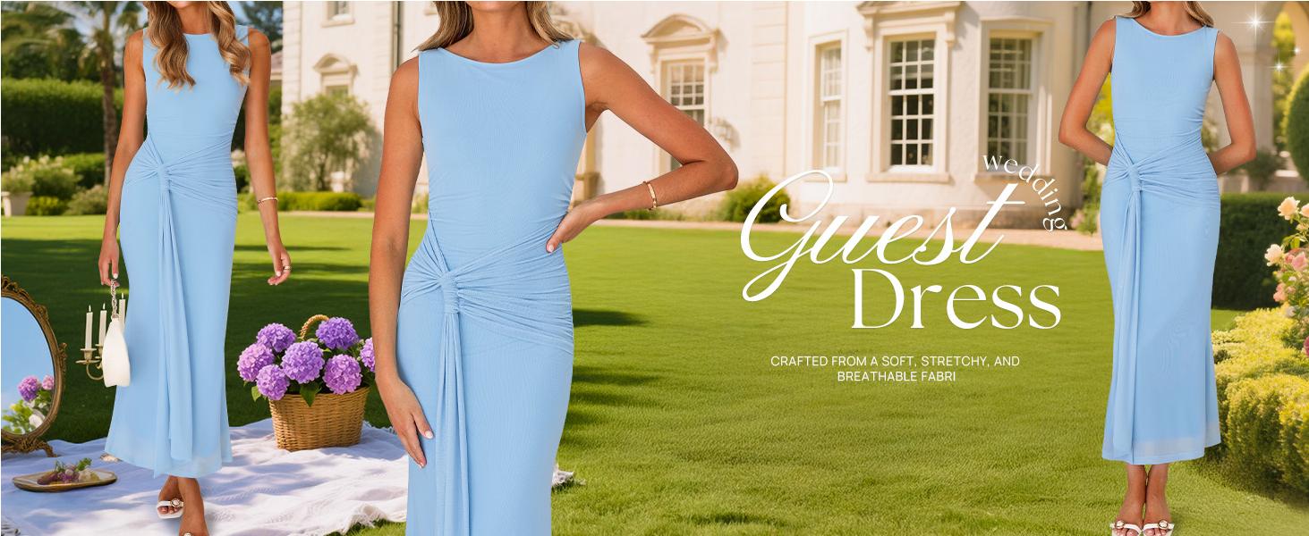 ZESICA Women's Summer Sleeveless Bodycon Dress 2026 Crewneck Ruched Sexy Mesh Wedding Guest Cocktail Party Maxi Dresses