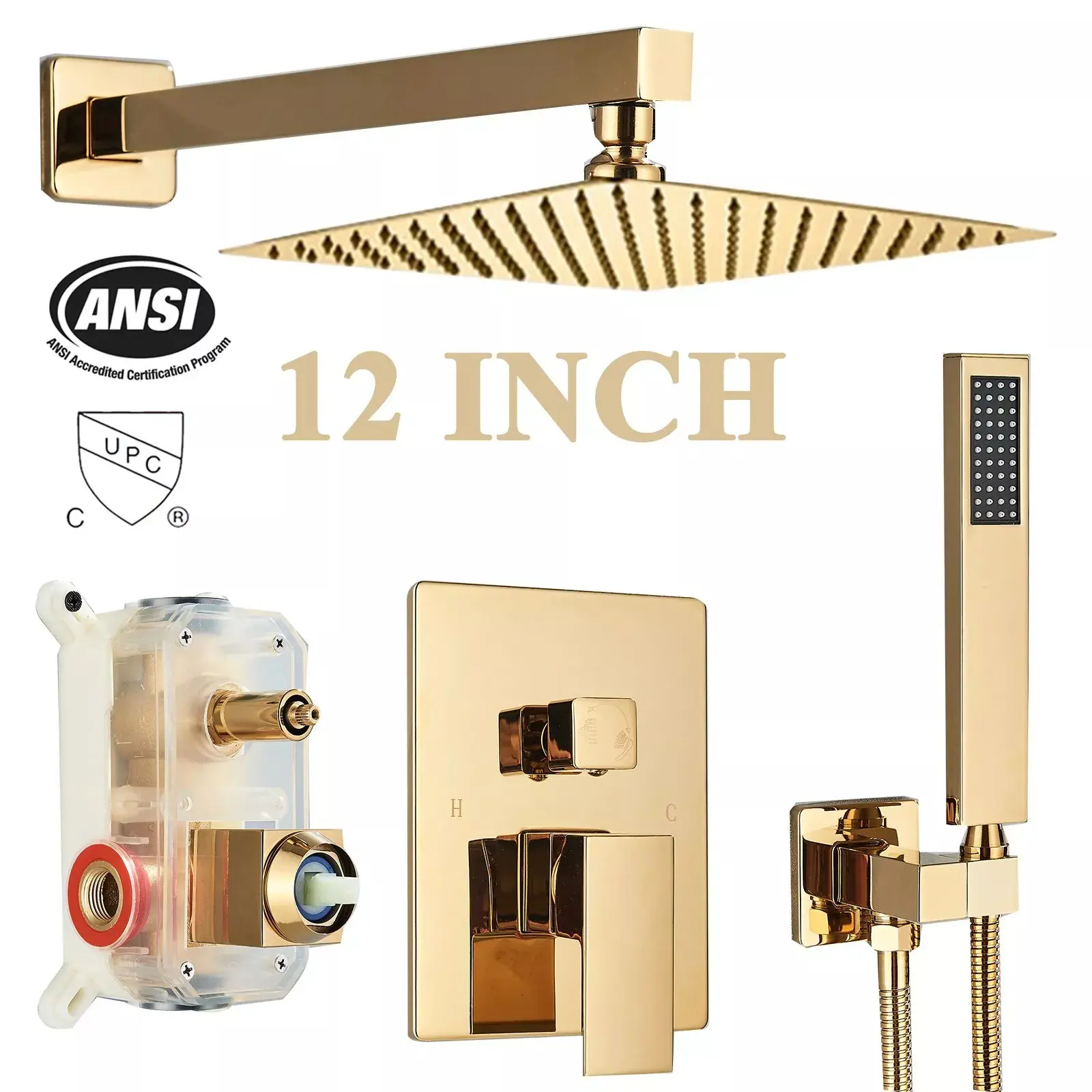 Polished Gold Shower System 12 Inch Square Rainfall Stainless Steel Shower Head Wall Mount Shower Faucet Set with ABS Handheld Sprayer Rough-in Mixing Valve Trim Kit Bathroom Mixer Shower Combo Set
