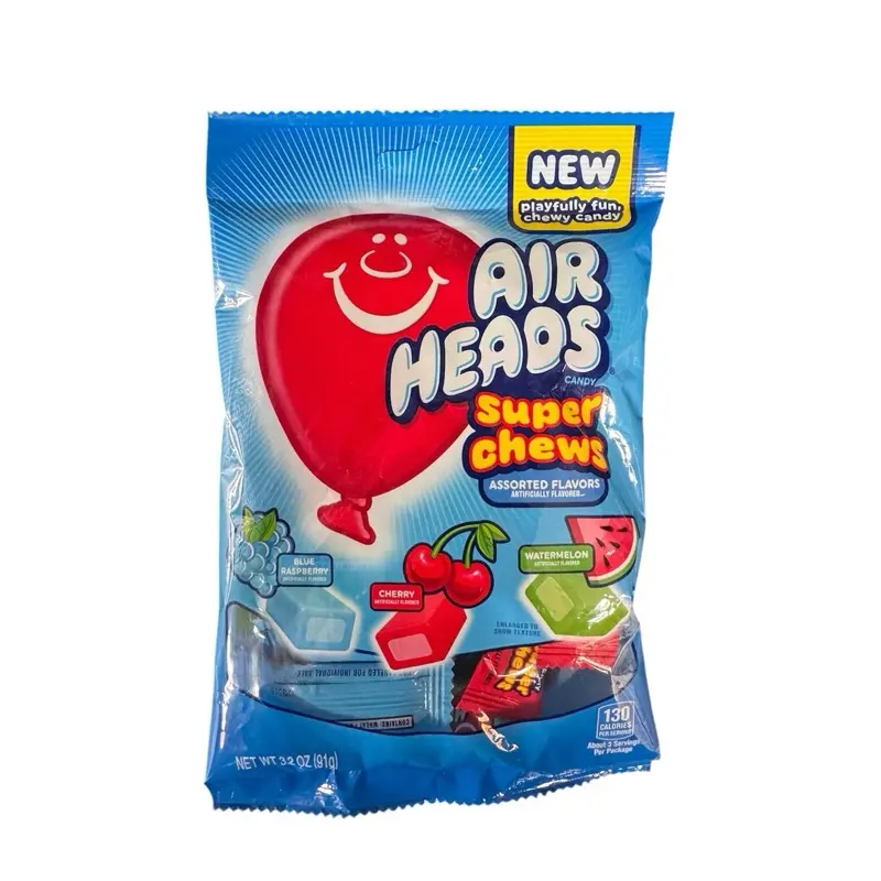 New Air Heads Super Chews Assorted Snack - Blue Raspberry, Cherry, Watermelon Flavors - Chews Chewing & Bubble Gum - 3.2oz Single Bag