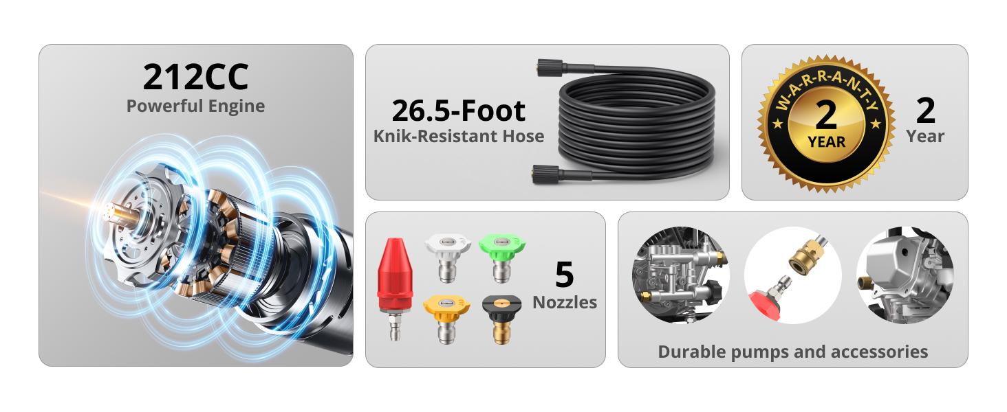 Gas Pressure Washer 3800 PSI 2.5 GPM, 212CC High Pressure Washers 4-Stroke OHV Engine 10-Inch High Wheels with 5 Nozzle Set Include Soap Tank for Cars Fences Driveways Patios Furniture Home(AL1038A)